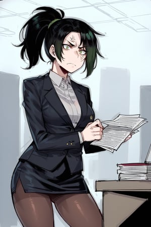 1girl, pantyhose, suit, medium breast, high ponytail, green eyes, black hair, angry face, office background, holding paperwork, 