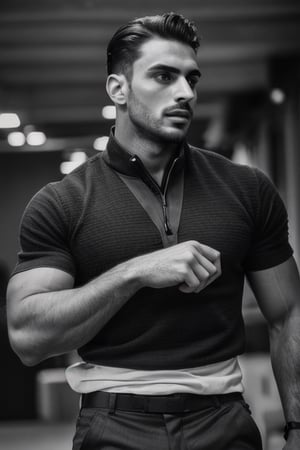 A handsome young france muscle men in modern art style, Thin mustache and thick eyebrows, random facial expressions,  (((Correct facial features))),  perfect face,  Full-length,  Flirting,  flirting,  12K,  Aperture 1.2,  African,  Asia,  India,  Caucasian, ((perfect face)),  slick hair,  enameled,  soft studio lighting,  dynamic pose's,  (((hyper detailed face))),  (((perfect eye,  perfect fingers))),  back light,  colorful, Germany Male,