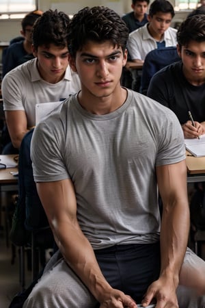 high school student named Arya, sitting confidently at his desk during a difficult math exam, surrounded by confused classmates, with a hidden notebook filled with special learning methods peeking out of his bag