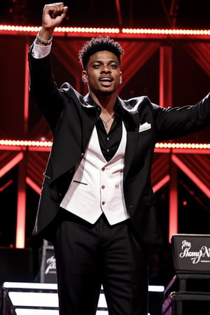 A young, determined musician named Doobie stands confidently on a grand stage, surrounded by numerous awards and platinum records. The background shows a cheering crowd, capturing the triumphant moment of his comeback. His expression is one of fierce pride and resilience, symbolizing his journey from doubt to undeniable success.