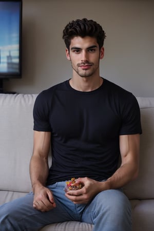 skinny man named Danu, sitting on a couch with snacks, watching TV, wearing t-shirts",Photorealistic man,Photography