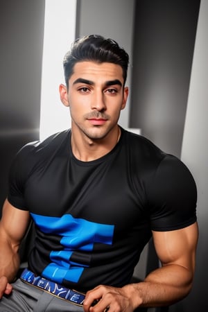 A handsome young france muscle men in modern art style, Thin mustache and thick eyebrows, random facial expressions,  (((Correct facial features))),  perfect face,  Full-length,  Flirting,  flirting,  12K,  Aperture 1.2,  African,  Asia,  India,  Caucasian, ((perfect face)),  slick hair,  enameled,  soft studio lighting,  dynamic pose's,  (((hyper detailed face))),  (((perfect eye,  perfect fingers))),  back light,  colorful, Germany Male,