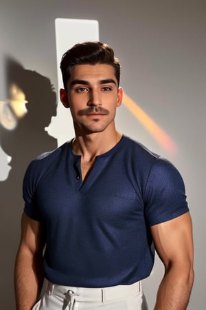 A handsome young france muscle men in modern art style, Thin mustache and thick eyebrows, random facial expressions,  (((Correct facial features))),  perfect face,  Full-length,  Flirting,  flirting,  12K,  Aperture 1.2,  African,  Asia,  India,  Caucasian, ((perfect face)),  slick hair,  enameled,  soft studio lighting,  dynamic pose's,  (((hyper detailed face))),  (((perfect eye,  perfect fingers))),  back light,  colorful, Germany Male,