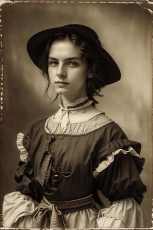 Create an image of Lisa Gherardini, She should appear with a thoughtful and somewhat melancholic expression, dressed in 16th-century Italian clothing, with dark hair. The background should be a muted, Renaissance-style landscape with soft, faded colors to evoke a sense of melancholy and solitude

Fantasy detailers,Old vintage photography 