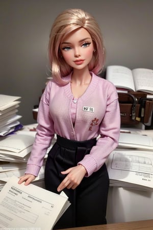 Create an image of Barbie as a clumsy secretary in an office, accidentally dropping a stack of important documents while her boss, a middle-aged man in a suit, watches with a mix of frustration and amusement.",Fashionable barbie,Barbie doll 