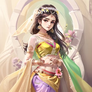 sole_female brrown skin yellow dress saree indian style gemstone jewellary flowers in hand liberary clear hd waering a flower crown white purple pink green 