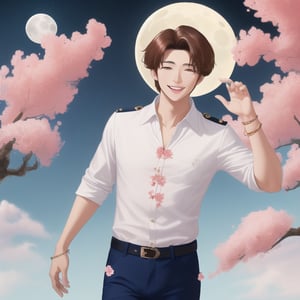 brown-hair  solo brown  man cute smile white shirt navy blue pants full moon jewelary caslte blossom tree 