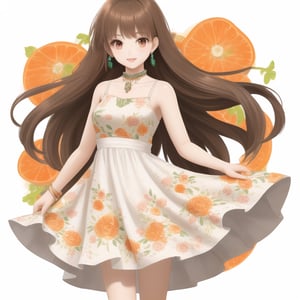 brown-hair long solo girl  orange floral print  white dress  jewelary 