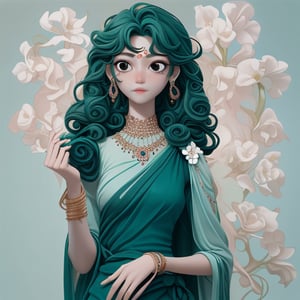 indian_style girl white skin gold jewellary  green blue dress flowers in hand black eye brrown hair curly 