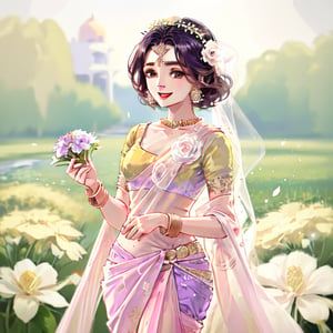 sole_female brrown skin yellow dress saree indian style gemstone jewellary flowers in hand liberary clear hd waering a flower crown white purple pink green happy smiling 