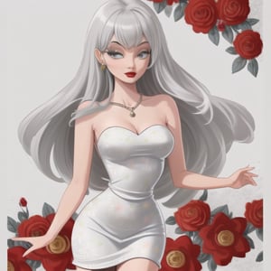 grey hair long solo girl red  floral print white dress  jewelary 