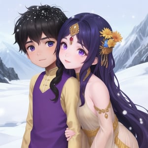 indian boy and girl kissing  long curly hair brown clear eye sliver jewellary purple dress yellow flower snow mountain at back 