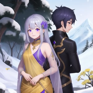 indian boy and girl long curly hair brown clear eye sliver jewellary purple dress yellow flower snow mountain at back 