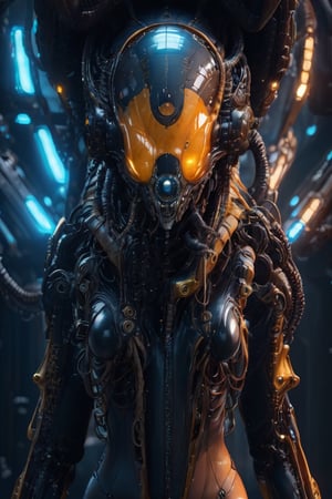The Xenomorph's elongated head, adorned with intricate biomechanical details, gazes out into the horizon with haunting phosphorescent yellow eyes, hinting at the depths of its extraterrestrial intelligence.cyborg style, cyborg, 3d style,3d render,cg,beautiful, (1girl, looking at viewer,close up), brown eyes, cyborg , mechanical limbs,cute gloves, dancing, dynamic pose, black metalic parts,golden parts, Reflections on metal, ,biopunk style