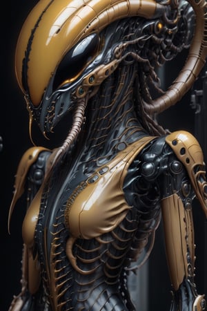 The Xenomorph's elongated head, adorned with intricate biomechanical details, gazes out into the horizon with haunting phosphorescent yellow eyes, hinting at the depths of its extraterrestrial intelligence.cyborg style, cyborg, 3d style,3d render,cg,beautiful, (1girl, looking at viewer,close up), brown eyes, cyborg , mechanical limbs,cute gloves, dancing, dynamic pose, black metalic parts,golden parts, Reflections on metal, ,biopunk style,portrait_futurism