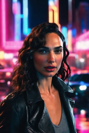 Photo of Gal Gadot at the neon city  , cinematic mood   , DARK MOOD  