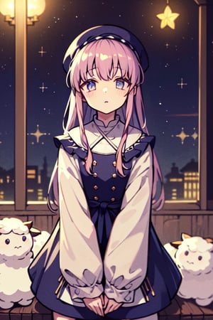 (masterpiece), (best quality), (highly detailed), 1girl, solo, greek clothes, galaxy, purple_hair, blue_hair, starry_eyes, starry_night, starry_sky, stars, star, very_long_hair, looking_at_viewer, dream, clouds, sheeps,