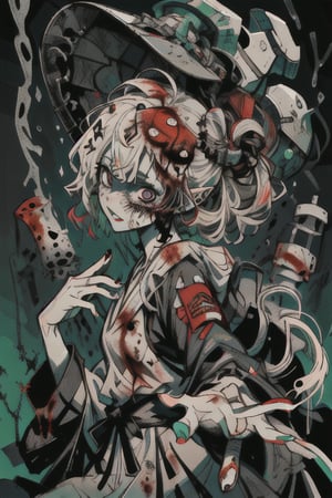 A beautiful zombie with black and white uneven hair, gray, white and black eyes, wearing a beautiful flowing white lab robe with red highlights and blood, facing at the viewer, green liquid coming out of their stitches, nail pierced on to their head,