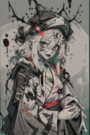 A beautiful zombie with black and white uneven hair, gray, white and black eyes, wearing a beautiful flowing white lab robe with red highlights, facing at the viewer, green liquid coming out of their stitches,