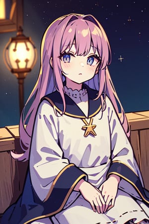 (masterpiece), (best quality), (highly detailed), 1girl, solo, greek clothes, galaxy, purple_hair, blue_hair, starry_eyes, starry_night, starry_sky, stars, star, very_long_hair, looking_at_viewer, dream, clouds, sheeps,