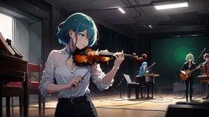 (3_characters),(((1girl playing a Gibson Les Paul e-guitar in a standing position))),(((1 realistic drummer with blue hair in the background and 1 girl with violet hair is playing violin))),(((realistic Gibson_Les_Paul_e-Guitar))), in background seeing many music instruments like violin_contrabass,piano,flutes,oboe,percussion,(realistic instruments)))),(((on the ground seeing some realistic_guitar_foot_pedal_devices))),((smooth light,red light ambience)), (gloomy), ((the girl has green hair and green eyes, closed mouth, smile, (((full_body)))), fantasy, aesthetic, (masterpiece, best quality, highres), trending on pixiv, solo, (((good hands))), ((anime_screencap)), perfect anime anatomy, ,ARYSTYLE3,