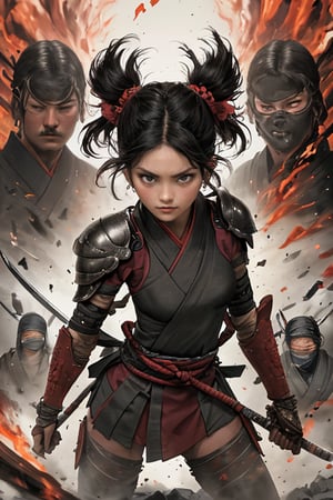 physically-based rendering, portrait, ultra-fine painting, extreme detail description, Akira Kurosawa's movie-style poster features a full-body shot of a 18-year-old European-Japanese girl, embodying the Shinobi of Japan's Warring States Period, An enigmatic female kunoichi, clad in ninja armor , This striking depiction, seemingly bursting with unspoken power, illustrates a fierce and formidable female warrior in the midst of battle. The image, likely a detailed painting, showcases the intensity of the female ninja's gaze and the intricate craftsmanship of his armor. Each intricately depicted detail mesmerizes the viewer, immersing them in the extraordinary skill and artistry captured in this remarkable 