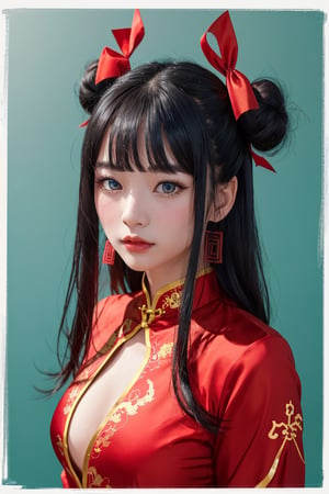 1girl,solo, long hair, red pastel cheongsam dress, looking at viewer, blue background, black hair, simple background, two side up, blue eyes, lips, closed mouth, red ribbon, hair ribbon, bangs, upper body, parted bangs, buns, nose, Cleavage, cerebrating chinese new year, year of the dragon