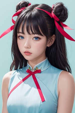 1girl,solo, long hair, pink pastel cheongsam dress, looking at viewer, blue background, black hair, simple background, two side up, blue eyes, lips, closed mouth, red ribbon, hair ribbon, bangs, upper body, parted bangs, buns, nose, Cleavage,