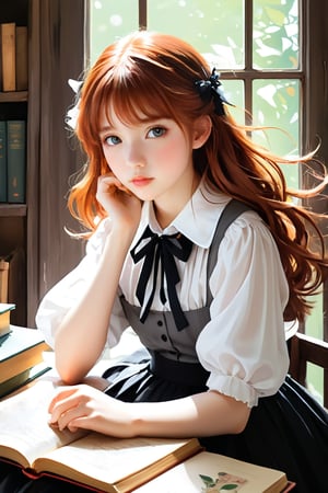 A delicate illustration of a stunning goth girl, reminiscent of Studio Ghibli's whimsical style. The subject, a beautiful teenager with ginger hair, sits amidst rustic surroundings, illuminated by natural light. She wears a plain white shirt with collar and a flowing black pleated skirt, holding books close to her chest. Her blush-pink cheeks and soft, bouncy skin invite tender touch. Embarrassment and exhaustion radiate from her tired eyes, yet her innocent charm is undeniable. The sketchbook-style illustration features bold dark lines, loose strokes, and subtle texture on watercolor paper, as if executed by a master artist like Alphonse Mucha or William-Adolphe Bouguereau.