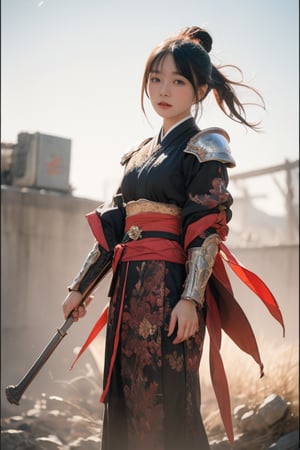 physically-based rendering, portrait, ultra-fine painting, extreme detail description, Akira Kurosawa's movie-style poster features a full-body shot of a super cute 18-year-old European-Japanese girl, embodying the Shinobi of Japan's Warring States Period, An enigmatic female kunoichi, clad in ninja armor , This striking depiction, seemingly bursting with unspoken power, illustrates a fierce and formidable female warrior in the midst of battle. The image, likely a detailed painting, showcases the intensity of the female ninja's gaze and the intricate craftsmanship of his armor. Each intricately depicted detail mesmerizes the viewer, immersing them in the extraordinary skill and artistry captured in this remarkable 