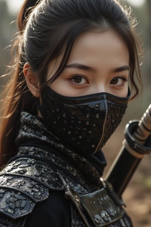 physically-based rendering, portrait, ultra-fine painting, extreme detail description, Akira Kurosawa's movie-style poster features a full-body shot of a super cute 18-year-old European-Japanese girl, embodying the Shinobi of Japan's Warring States Period, An enigmatic female kunoichi, clad in ninja armor , This striking depiction, seemingly bursting with unspoken power, illustrates a fierce and formidable female warrior in the midst of battle. The image, likely a detailed painting, showcases the intensity of the female ninja's gaze and the intricate craftsmanship of his armor. Each intricately depicted detail mesmerizes the viewer, immersing them in the extraordinary skill and artistry captured in this remarkable 