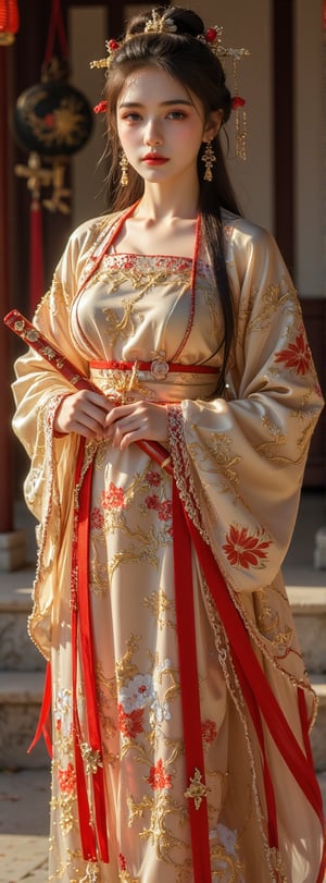 Score_9, score_8_up, score_7_up, score_6_up, A solemn-looking ancient oriental young woman with long flowing hair, perfect figure and perfect legs, wearing golden Hanfu, holding a red flute in both hands, facing the viewer,