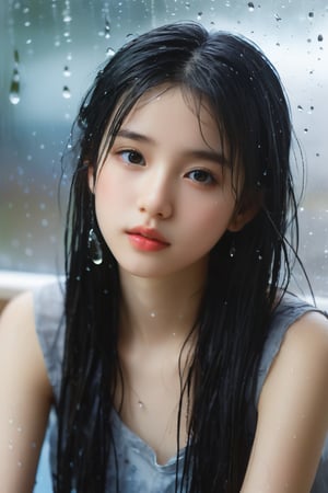 In this Rustic Sketchbook Style, a young, beautiful Goth girl (14 years old) sits close-up against a fogged- glass panel, surrounded by water droplets that glisten in the soft, diffused lighting above. Her wet, tousled hair clings to her neck as she gazes playfully, lips slightly parted. The stream swirls around her, adding a dreamy quality and depth. Han- Wu Shen's brushstrokes dance across the paper with bold, dark lines and loose strokes, capturing every detail of her porcelain skin and the glass's texture.