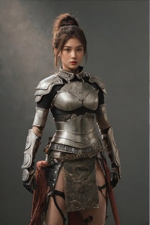 physically-based rendering, portrait, ultra-fine painting, extreme detail description, Akira Kurosawa's movie-style poster features a full-body shot of a 18-year-old European-Japanese girl, embodying the Shinobi of Japan's Warring States Period, An enigmatic female kunoichi, clad in ninja armor , This striking depiction, seemingly bursting with unspoken power, illustrates a fierce and formidable female warrior in the midst of battle. The image, likely a detailed painting, showcases the intensity of the female ninja's gaze and the intricate craftsmanship of his armor. Each intricately depicted detail mesmerizes the viewer, immersing them in the extraordinary skill and artistry captured in this remarkable 