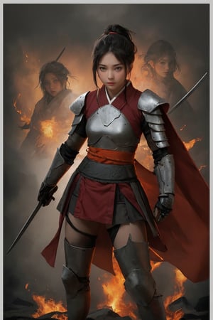 physically-based rendering, portrait, ultra-fine painting, extreme detail description, Akira Kurosawa's movie-style poster features a full-body shot of a 18-year-old European-Japanese girl, embodying the Shinobi of Japan's Warring States Period, An enigmatic female kunoichi, clad in ninja armor , This striking depiction, seemingly bursting with unspoken power, illustrates a fierce and formidable female warrior in the midst of battle. The image, likely a detailed painting, showcases the intensity of the female ninja's gaze and the intricate craftsmanship of his armor. Each intricately depicted detail mesmerizes the viewer, immersing them in the extraordinary skill and artistry captured in this remarkable 