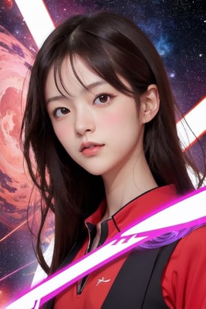 portrait of a beautiful japanese-german girl,bizarre,floral,Luminous,ethereal space background, red neon genesis evangelion outfit, ,weapon