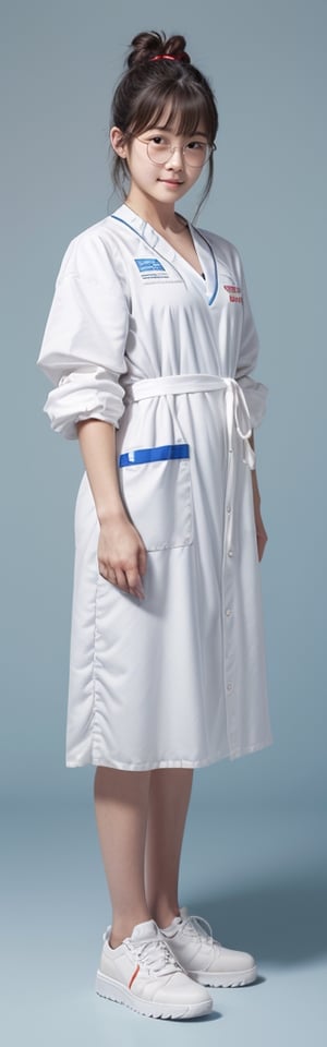 1girl,solo, full body, long hair, glasses, ((white lab gown)), looking at viewer, blue background, black hair, standing, simple background, two side up, blue eyes, lips, closed mouth, red ribbon, hair ribbon, bangs, sneakers, parted bangs, buns, nose, Haerin_NJ