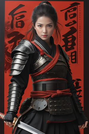 physically-based rendering, portrait, ultra-fine painting, extreme detail description, Akira Kurosawa's movie-style poster features a full-body shot of a 18-year-old European-Japanese girl, embodying the Shinobi of Japan's Warring States Period, An enigmatic female kunoichi, clad in ninja armor , This striking depiction, seemingly bursting with unspoken power, illustrates a fierce and formidable female warrior in the midst of battle. The image, likely a detailed painting, showcases the intensity of the female ninja's gaze and the intricate craftsmanship of his armor. Each intricately depicted detail mesmerizes the viewer, immersing them in the extraordinary skill and artistry captured in this remarkable,Ancient costume