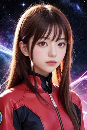 portrait of a beautiful japanese-german girl,bizarre,floral,Luminous,ethereal space background, red neon genesis evangelion outfit, 
