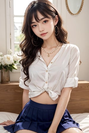 (best quality, masterpiece, curls, brown hair,1girl, 18 years old, solo), kawaii, ulzzang, long hair, looking at viewer, bedroom background, lips, cute flirtatious smile showing her teeth, upper body, luxurious, body chain jewery, pearl necklace, japenese sailor school uniform, white shirt, pleated skirt, heterochromia eyes, small breasts, slender, elegant, slim waist, nice hip, hourglass shape, spread open legs, from front, looking down to viewer, belly chain jewery, necklace, earrings, wet look, sweat, passionate expression, seductive, alluring, bewitching, exhausted, embarrassed, sleepy, eyes barely open
