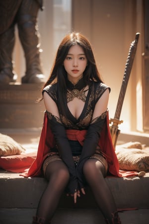 physically-based rendering, portrait, ultra-fine painting, extreme detail description, Akira Kurosawa's movie-style poster features a full-body shot of a super cute 18-year-old European-Japanese girl, embodying the Shinobi of Japan's Warring States Period, An enigmatic female kunoichi, clad in ninja armor , This striking depiction, seemingly bursting with unspoken power, illustrates a fierce and formidable female warrior in the midst of battle. The image, likely a detailed painting, showcases the intensity of the female ninja's gaze and the intricate craftsmanship of his armor. Each intricately depicted detail mesmerizes the viewer, immersing them in the extraordinary skill and artistry captured in this remarkable 