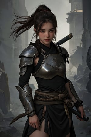 physically-based rendering, portrait, ultra-fine painting, extreme detail description, Akira Kurosawa's movie-style poster features a full-body shot of a 18-year-old European-Japanese girl, embodying the Shinobi of Japan's Warring States Period, An enigmatic female kunoichi, clad in ninja armor , This striking depiction, seemingly bursting with unspoken power, illustrates a fierce and formidable female warrior in the midst of battle. The image, likely a detailed painting, showcases the intensity of the female ninja's gaze and the intricate craftsmanship of his armor. Each intricately depicted detail mesmerizes the viewer, immersing them in the extraordinary skill and artistry captured in this remarkable 