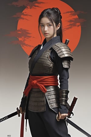 physically-based rendering, portrait, ultra-fine painting, extreme detail description, Akira Kurosawa's movie-style poster features a full-body shot of a 18-year-old European-Japanese girl, embodying the Shinobi of Japan's Warring States Period, An enigmatic female kunoichi, clad in ninja armor , This striking depiction, seemingly bursting with unspoken power, illustrates a fierce and formidable female warrior in the midst of battle. The image, likely a detailed painting, showcases the intensity of the female ninja's gaze and the intricate craftsmanship of his armor. Each intricately depicted detail mesmerizes the viewer, immersing them in the extraordinary skill and artistry captured in this remarkable,Ancient costume