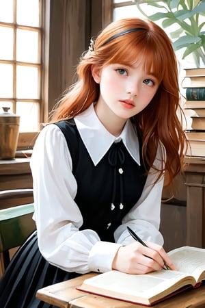 A delicate illustration of a stunning goth girl, reminiscent whimsical style. The subject, a beautiful teenager with ginger hair, sits amidst rustic surroundings, illuminated by natural light. She wears a plain white shirt with collar and a flowing black pleated skirt, holding books close to her chest. Her blush-pink cheeks and soft, bouncy skin invite tender touch. Embarrassment and exhaustion radiate from her tired eyes, yet her innocent charm is undeniable. The sketchbook-style illustration features bold dark lines, loose strokes, and subtle texture on watercolor paper, as if executed by a master artist like Alphonse Mucha or William-Adolphe Bouguereau.