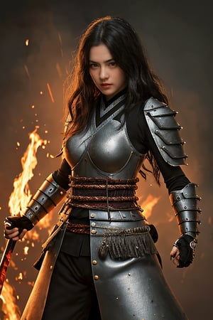 physically-based rendering, portrait, ultra-fine painting, extreme detail description, Akira Kurosawa's movie-style poster features a full-body shot of a 18-year-old European-Japanese girl, embodying the Shinobi of Japan's Warring States Period, An enigmatic female kunoichi, clad in ninja armor , This striking depiction, seemingly bursting with unspoken power, illustrates a fierce and formidable female warrior in the midst of battle. The image, likely a detailed painting, showcases the intensity of the female ninja's gaze and the intricate craftsmanship of his armor. Each intricately depicted detail mesmerizes the viewer, immersing them in the extraordinary skill and artistry captured in this remarkable 