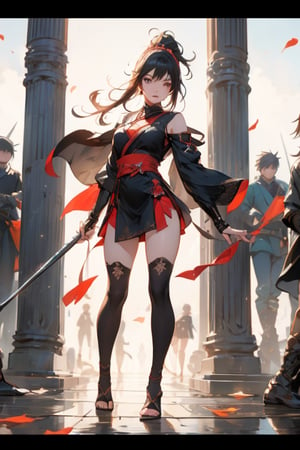 physically-based rendering, portrait, ultra-fine painting, extreme detail description, Akira Kurosawa's movie-style poster features a full-body shot of a super cute 18-year-old European-Japanese girl, embodying the Shinobi of Japan's Warring States Period, An enigmatic female kunoichi, clad in ninja armor , This striking depiction, seemingly bursting with unspoken power, illustrates a fierce and formidable female warrior in the midst of battle. The image, likely a detailed painting, showcases the intensity of the female ninja's gaze and the intricate craftsmanship of his armor. Each intricately depicted detail mesmerizes the viewer, immersing them in the extraordinary skill and artistry captured in this remarkable 