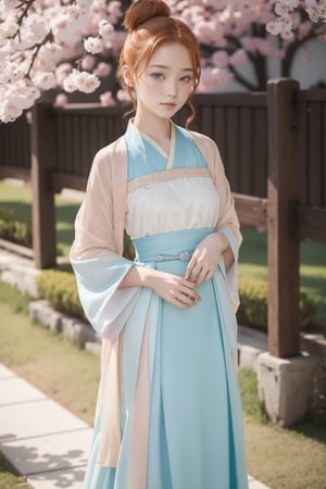 masterpiece, best quality, highres, 1girl, teen, ginger hair,buns, small breasts, pastel blue hanfu dress,pencil skirt,japanese girl, 