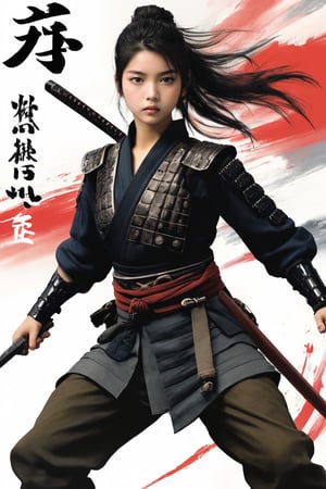 physically-based rendering, portrait, ultra-fine painting, extreme detail description, Akira Kurosawa's movie-style poster features a full-body shot of a 18-year-old European-Japanese girl, embodying the Shinobi of Japan's Warring States Period, An enigmatic female kunoichi, clad in ninja armor , This striking depiction, seemingly bursting with unspoken power, illustrates a fierce and formidable female warrior in the midst of battle. The image, likely a detailed painting, showcases the intensity of the female ninja's gaze and the intricate craftsmanship of his armor. Each intricately depicted detail mesmerizes the viewer, immersing them in the extraordinary skill and artistry captured in this remarkable,Ancient costume