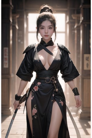 physically-based rendering, portrait, ultra-fine painting, extreme detail description, Akira Kurosawa's movie-style poster features a full-body shot of a super cute 18-year-old European-Japanese girl, embodying the Shinobi of Japan's Warring States Period, An enigmatic female kunoichi, clad in ninja armor , This striking depiction, seemingly bursting with unspoken power, illustrates a fierce and formidable female warrior in the midst of battle. The image, likely a detailed painting, showcases the intensity of the female ninja's gaze and the intricate craftsmanship of his armor. Each intricately depicted detail mesmerizes the viewer, immersing them in the extraordinary skill and artistry captured in this remarkable 