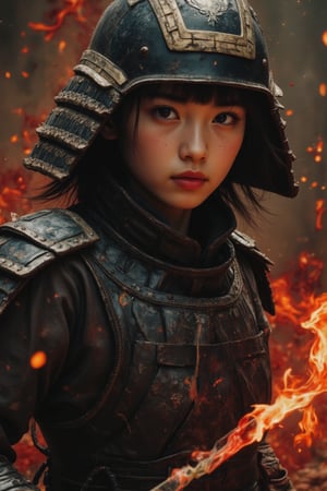 physically-based rendering, portrait, ultra-fine painting, extreme detail description, Akira Kurosawa's movie-style poster features a full-body shot of a super cute 18-year-old European-Japanese girl, embodying the Shinobi of Japan's Warring States Period, An enigmatic female kunoichi, clad in ninja armor , This striking depiction, seemingly bursting with unspoken power, illustrates a fierce and formidable female warrior in the midst of battle. The image, likely a detailed painting, showcases the intensity of the female ninja's gaze and the intricate craftsmanship of his armor. Each intricately depicted detail mesmerizes the viewer, immersing them in the extraordinary skill and artistry captured in this remarkable 